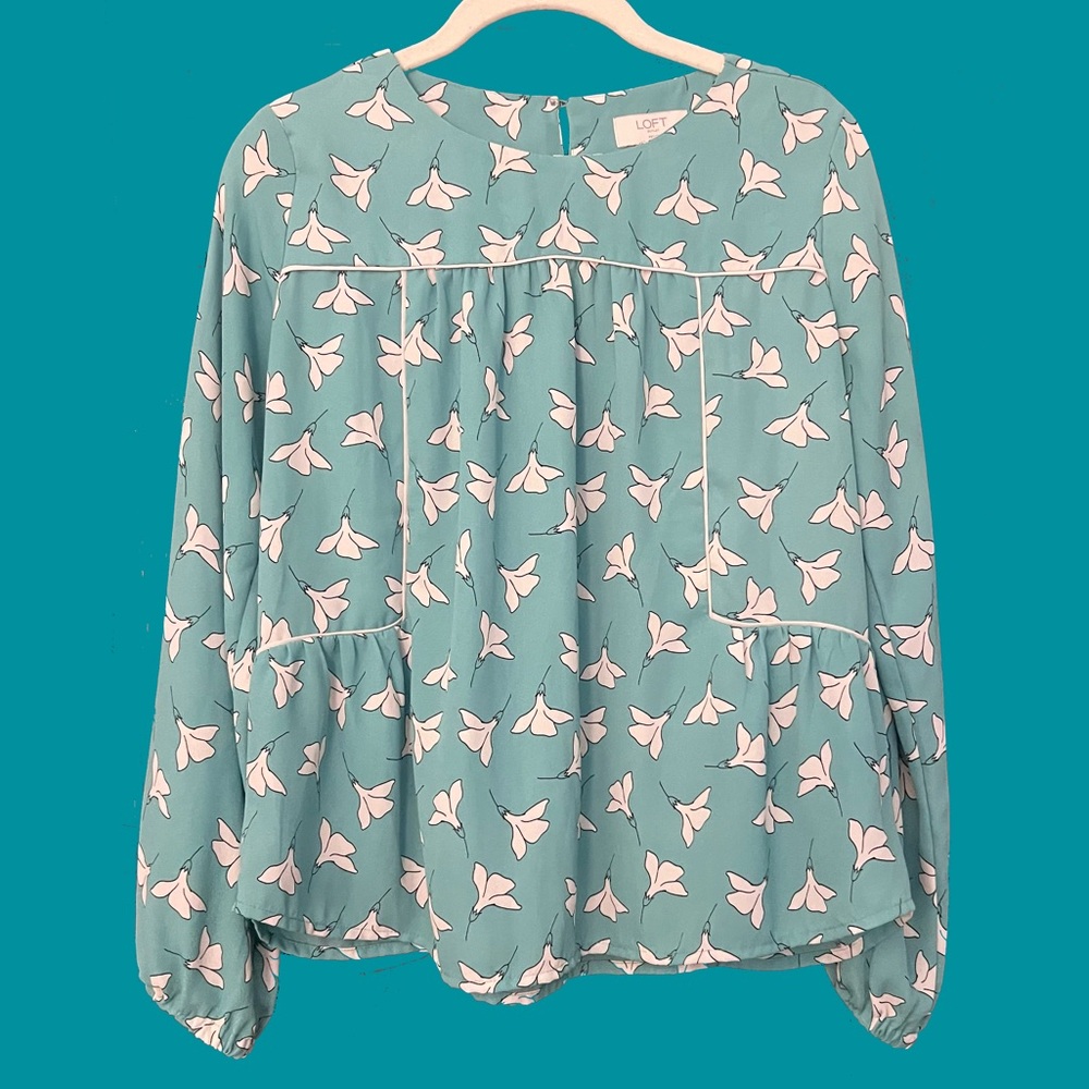LOFT Teal Cuffed Sleeve Retro Style Floral Blouse XSP